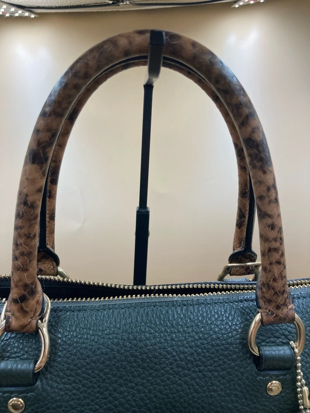 Coach Teal Leather Satchel with Brown Snake-Print Handles